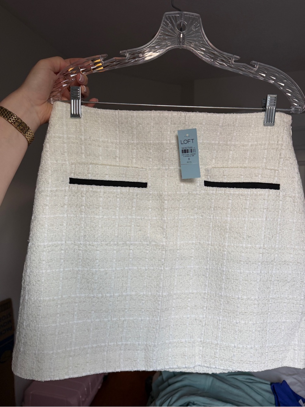 LOFT White and Cream Tweed Mini Skirt with Black Trim